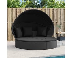 Zonne-eiland met dak en voetenbank, tuinmeubelen, lounge-set van polyrotan, balkonbed met kussens, zwart, 178 x 143 cm