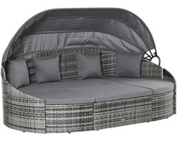 Zonne-eiland - Rotan Ligstoel - 4-delige Loungebed - Lounge Eiland - incl. Opvouwbare Zonnedak - Loungeset met Luifel & Kussens - voor Tuin en Terras - Zitgroep - Ligbed - Tuinmeubel - Tuinbank - Slaapbank - Grijs