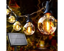 Zonne-energie Lichtsnoer Buiten, 10+1 G40 LED Solar Lichtsnoer, IP44 Waterdicht met 4 Lichtstanden, Binnen- en Buitendecoratie voor Tuin, Feest, Terras