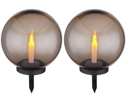 Zonnebal verlichting voor de tuin ronde LED solar kaars vuureffect tuinverlichting 25 cm voor buiten, plastic rook, 1x LED warm wit, DxH 25x38,5 cm, set van 2