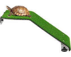 Zonnebankplatform en Oprit Ladder voor Schildpadden - Aquarium Decoratie met Zuignappen en Groen Gras - Rustterras en Klim Dok voor Reptielen en Kikkers