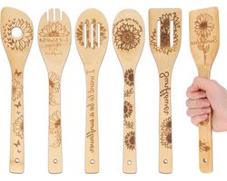 Zonnebloemen Bamboe Kookgerei Gegraveerde Kooklepels Set - Houten Keukengerei - Carving Keukenbamboe Spatel Set - Houten Kooklepel - Keuken Accessoires - Huis - Warming Gift
