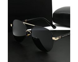 Zonnebril Heren – Aviator Stijl – Zwarte Glazen – Goudkleurig Metalen Montuur – Dunne Pootjes – Luxe Design