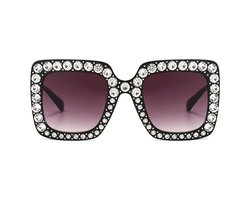 Zonnebril vierkant - Festival bril - Rave bril - Glasses - Met steentjes - Zwart - Grijze glazen