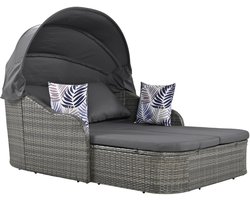 Zonnedorp, tuinlounge set, PE-rattan met verstelbare luifel, weersbestendige terras-ligstoel van gevlochten riet, dubbele lounge met 4 kussens en afneembare kussenslopen voor tuin, zwembad, grijs