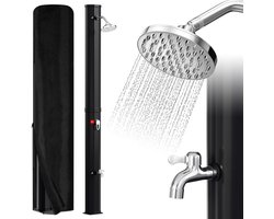 Zonnedouche, 35 liter, tuindouche met 360° regendouchekop en kraan, warm water max. 60 °C, zonder stroomaansluiting, zwembaddouche met beschermkap afvoerschroef, zwart