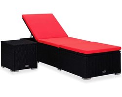 Zonneligstoel met kussen en theetafel van PE-rotan, 2-delige set met verstelbare rugleuning en afneembare bekleding