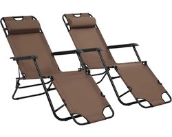 Zonneligstoelen, 2 stuks, inklapbaar, met beensteun van bruin staal, zonnebed, zonnebed voor buiten, zonnebed voor de tuin, zonnebed Sun