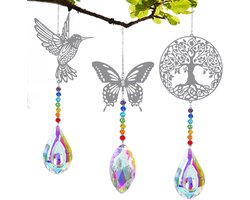 Zonnevanger - kristallen windspel - 3 stuks - boom - kolibrie - vlinderhanger - raamdecoratie - hangend met regenboog - kristallen hanger - decoratie - hanging windspel voor tuindecoratie - tuinaccessoires - wanddecoratie