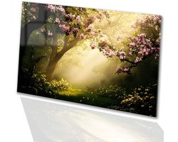 Zonovergoten bos met bloesembomen - Natuur glasschilderij - Kunst bloemen - Impressionisme - Acrylglas schilderijen - Woonkamer decoratie - Glasschilderij 150x100 cm