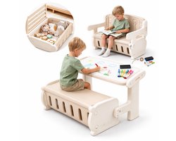 Zonovi Kinderbureau 3 in 1 - Kindertafel en Bankje - Tekentafel - Speeltafel voor Peuter - Omkeerbaar Bureaublad met Stiften - Tekenprojector - Tekenmachine - Knutseltafel Kind Met Opbergruimte