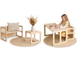 Zonovi Montessori Kindertafel met Stoeltje en Bankje - 2-in-1 Omkeerbaar - Houten Kindermeubelset 1-6 Jaar - Peutertafel - Kinderbureau - Speeltafel - Knutseltafel - Tekentafel - Activiteitentafel - Tafeltje met Stoeltje - Leeshoek - Kinderkamer