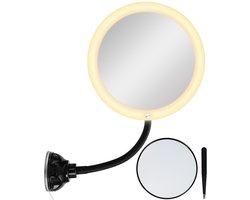 Zoomique Make-up & Scheerspiegel met Verlichting – 10x Vergroting – Blijft Stevig Zitten (Gel Zuignap) – 3 Lichtkleuren – Touch – USB & Batterij – Inclusief Accessoires