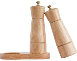Zout en Peper Molen Set - Verstelbare Keramische Zoutmolen en Roestvrij Stalen Peper Molen - Rubber Hout - 165 cm Hoogte - Bodem Diameter 5 cm Zout en pepermolen