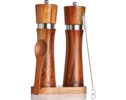 Zout- en pepermolen hout AGNETA (elk 21,5 cm) met hoogwaardig keramisch maalwerk (instelbaar) - set van 2 kruidenmolens (zoutmolen en pepermolen) incl. onderzetter, borstel & lepel