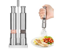 Zout- en Pepermolen Set - Klein RVS Handmatig Set met Standaard - Mini Duwmolens voor Keuken Reis en Kamperen - Zilver - 2 Stuks met Standaard
