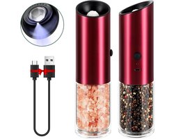 Zout- en Pepermolen Set van 2 - Oplaadbaar USB - Instelbare Grofheid - Rode Kleur - Kruidenmolen met Licht - Elektrisch - Batterijen