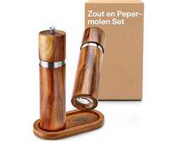 Zout - en Pepermolen van acaciahout met schotel-duurzaam FSC hout - duurzame keramische molen-Plasticvrij