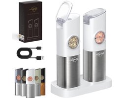 Zout- en pepermolenset met zwaartekrachtsensor en dubbele oplader - instelbare maalgraad - LED-licht - off-white