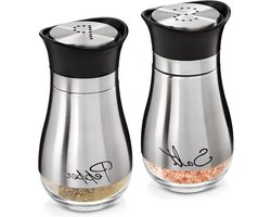 Zout- en peperstrooier set - glas roestvrij staal - opschrift Salt peper - 118 ml elk.
