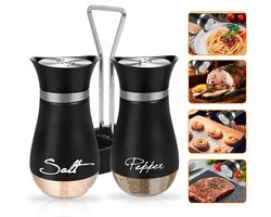 Zout- en peperstrooier set - met standaard - Roestvrijstalen kruidenflesjes - Zout- en peperstrooier - Kruidenflesjes voor barbecue - Luchtdicht en vochtbestendig - Peperpoeder kruidenpotjes - Set van twee - Zwart