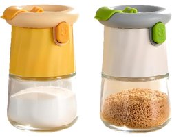 Zout- en peperstrooier set van 2, 2-in-1 glazen shakers met nauwkeurige hoeveelheidsregeling voor zout, peper en suiker (geel en groen)