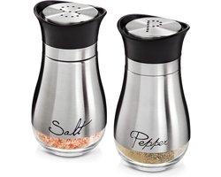 Zout - en peperstrooier set van glas en roestvrij staal met opschrift Salt - peper - elk 118 ml