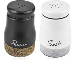 Zout- en peperstrooier set van roestvrij staal met glazen bodem, 120 ml, compacte kruidendispensers voor keuken, tafel en onderweg, zwart-wit