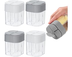 Zout- en peperstrooier van plastic 4-in-1, 4 roosters, lege kruidenverstuiver, 4 pakketten roosters, reiskruidenbox, voor reizen, koken, barbecueën (transparant)
