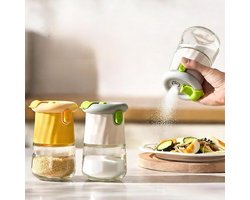 Zout- en peperstrooiers - 2 stuks, zoutstrooier, met een zoutoutput van 0,5 g bij één druk en een schenbaar ingrediëntontwerp, voedselveilig PP-materiaal en glazen container - geel, groen