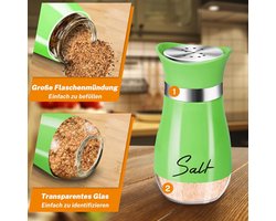 Zout- en peperstrooierset, 100 ml glazen bodem, zout peperstrooier met roestvrijstalen deksel voor keuken, kooktafel, camper, camping, barbecue, navulbaar design (groen)