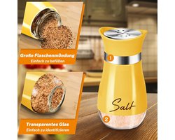 Zout- en peperstrooierset, 100 ml glazen bodem, zout/pepervaatje met roestvrijstalen deksel, voor keuken, kooktafel, camper, camping, BBQ, navulbaar design (geel)