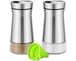 Zout- en peperstrooierset met trechter, gemaakt van glas en roestvrij staal, kruidenstrooier met verstelbare gietgaten, keukendecoratie voor thuis, restaurant (zilver + groene trechter)