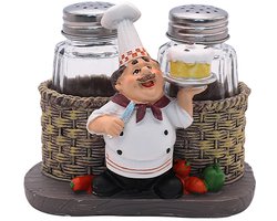 Zout- en peperstrooierset - Staande chef-kok decoratief beeldje kruidenorganizer - Glazen kruidenpot met standaard - Zoutvaatje - Peper- En Zoutstrooier