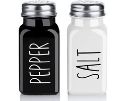 Zout- en peperstrooiersset - 2,7oz glazen strooiers met roestvrijstalen deksel - 2-delige moderne keukeninrichting - Zwart-wit ontwerp voor thuis of restaurantgebruik - Gemakkelijk te vullen en duurzame kruidenset