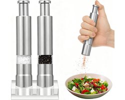 Zoutmolen, pepermolen, 2 stuks, roestvrij staal, zout- en pepermolen, kruidenmolen met acryl sokkel, druk met één hand, voor reizen, keuken en als cadeau (zilver, 2) | Cyslmuk®