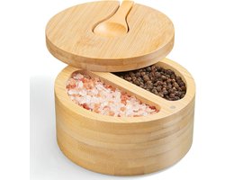 Zoutstrooier met twee compartimenten en deksel - inclusief lepel - bamboe zoutstrooier met draaideksel - zout- en peperschaaltje voor het bewaren van zout en specerijen - dubbelwandige zoutstrooier van 177 ml
