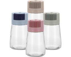 Zoutstrooiers van glas - 4 stuks - zout- en peperstrooier van kunststof - glazen zout- en pepervaatjes - peper- en zoutvaatjes klein - keuken thuis camping - groen blauw roze beige Zoutvaatje