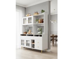 Zravenna Buffetkast 145x39x171 cm – Moderne Hoge Kast met Glazen Deuren, 5 Laden & Wijnrek – Keukenkast, Vitrinekast, Dressoir voor Eetkamer of Restaurant – Wit