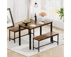 Zubaliya 1 Stuks Eettafelset Met 2 Banken - Industriële Bartafel Voor 4 Personen - Keukentafel Met Stalen Frame - Vintage Bruin Zwart - 110x60x75 cm