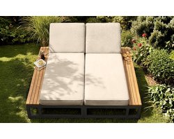 Zubaliya 2-Persoons Loungebed - 4-Stand Verstelbare Rugleuningen - Bijzettafels - Metalen Frame - Waterafstotend - Beige - Dubbele Ligstoel voor Tuin