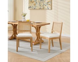 Zubaliya 2 Stuks Eetkamerstoelen Rotan - Landelijke Stoelen Met Linnen Zitting En Massief Houten Frame - Modern Eetkamerstoel Set Voor Keuken Of Woonkamer - Beige