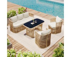 Zubaliya 4-delig PE Rotan Tuinmeubelset - 3-zits Sofa & 2 Fauteuils - Geharde Glazen Tafel - 8 cm Zitkussens