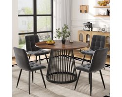 Zubaliya 5-delig Ronde Eettafel Set - Modern - met 4 Fluwelen Eetkamerstoelen - Walnoot/Zwart - Verstelbare Pootjes