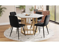 Zubaliya 5-Delige Eettafelset – Zeshoekige Eettafel met Marmerlook en 4 Fluween Eetkamerstoelen – Goudkleurig Metalen Onderstel – Eettafel voor Eetkamer – Modern