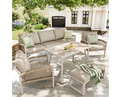 Zubaliya 7-Persoons Tuinset - Handgeweven Rotset Met Tafel En Beige Kussens - Modulaire Lounge Set Voor Terras Of Balkon