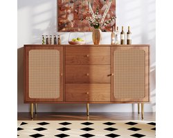 Zubaliya Commode - 150x40x90 cm walnoot - 2 deuren & 3 laden - verstelbare plank - rattan deuren