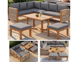 Zubaliya Modulaire Tuinset - 6-zits Ecksofa met 2 Krukken & Tafel - Massief Acaciahout - Spatwaterbestendig - Ademend