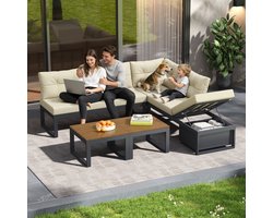 Zubaliya Multifunctioneel Tuinmeubelset - Beige - 3-standige Rugleuning - Opbergruimte - Dikke Kussens
