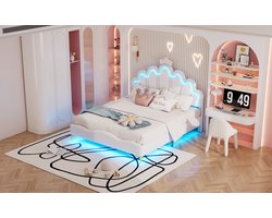Zubaliya Prinsessenbed 140x200 cm Wit – Tweepersoonsbed met LED Verlichting, Afstandsbediening, Kroon Design en PU Leer